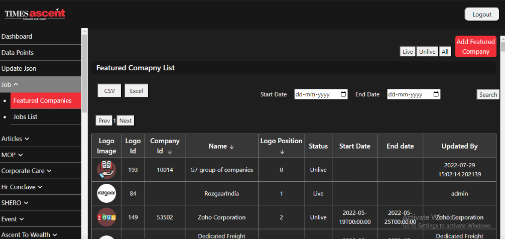Times Ascen Admin Panel
